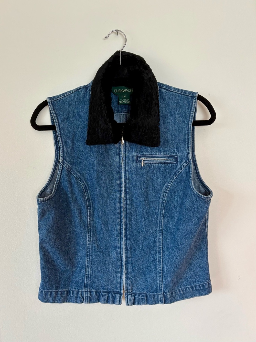 Bushwhacker Women's Blue Denim Vest with Black Faux Fur Collar